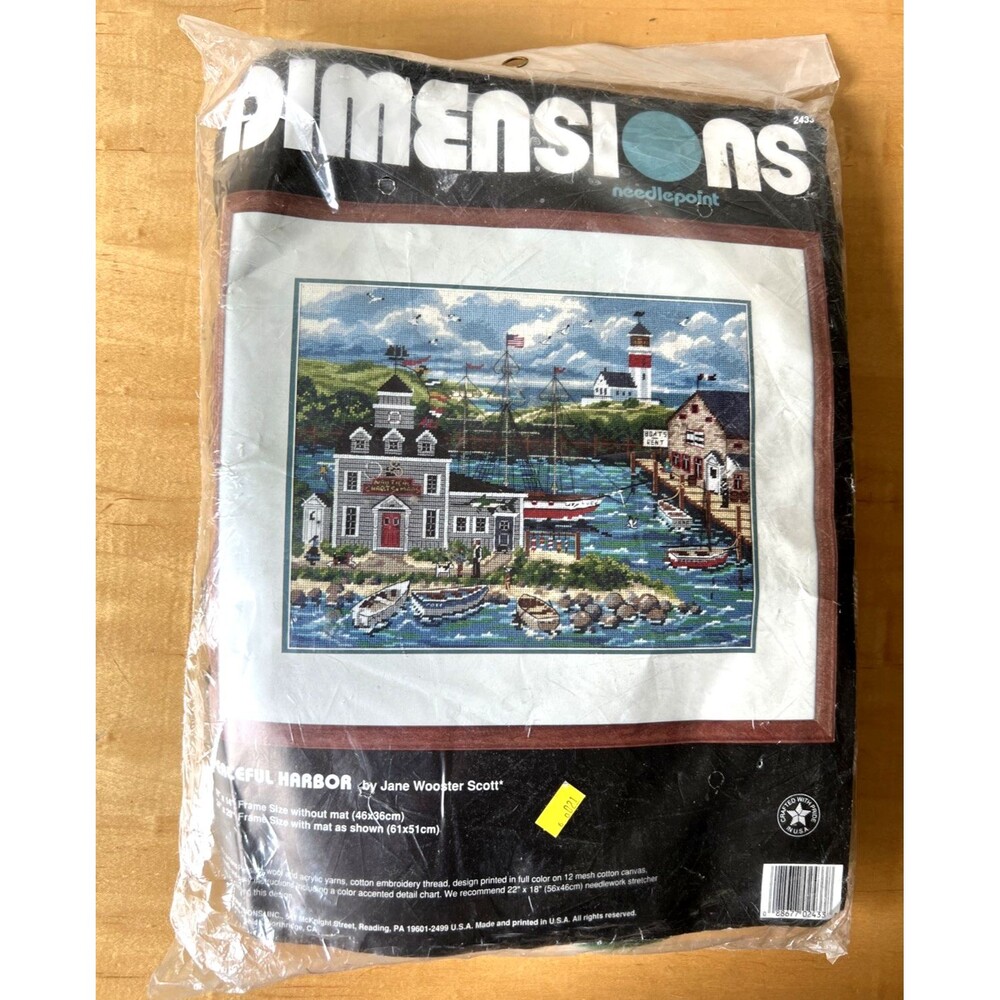 1995 Dimensions Needlepoint Kit PEACEFUL HARBOR #2433 Seaside Boats Dock Scene